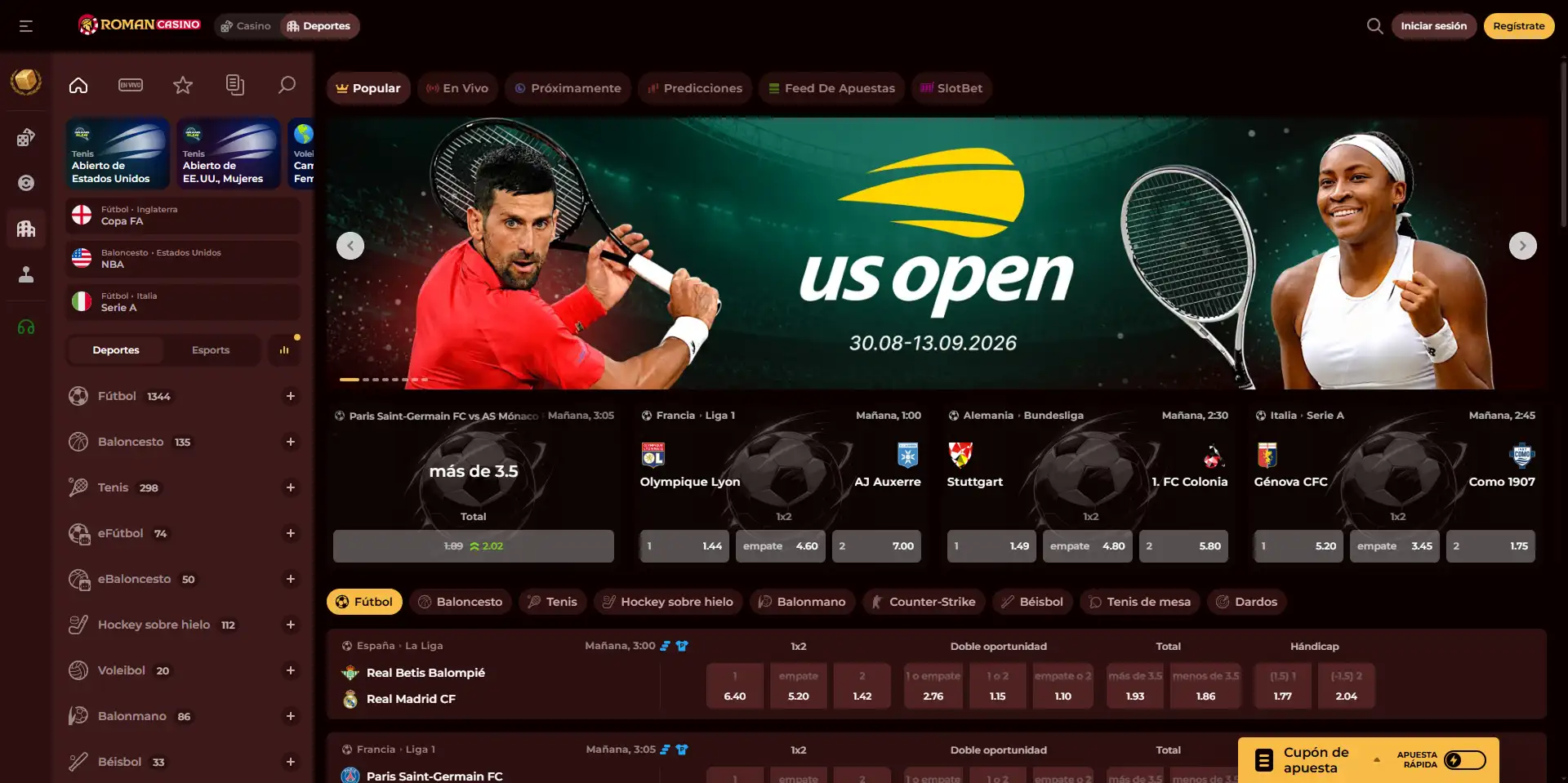 Sección Sportsbook de RomanCasino con eventos y mercados visibles