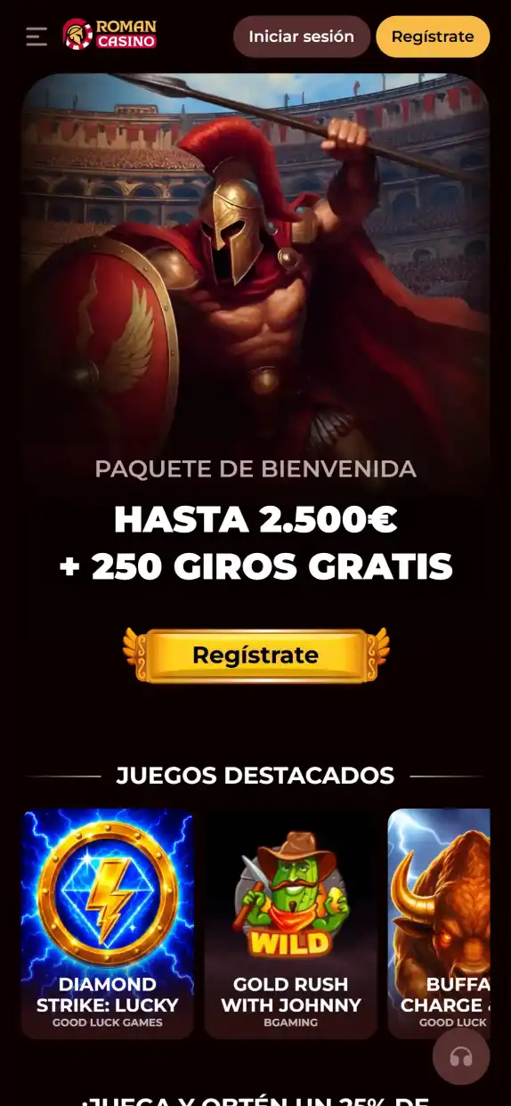 RomanCasino en español desde un viewport móvil con navegación y acceso a productos