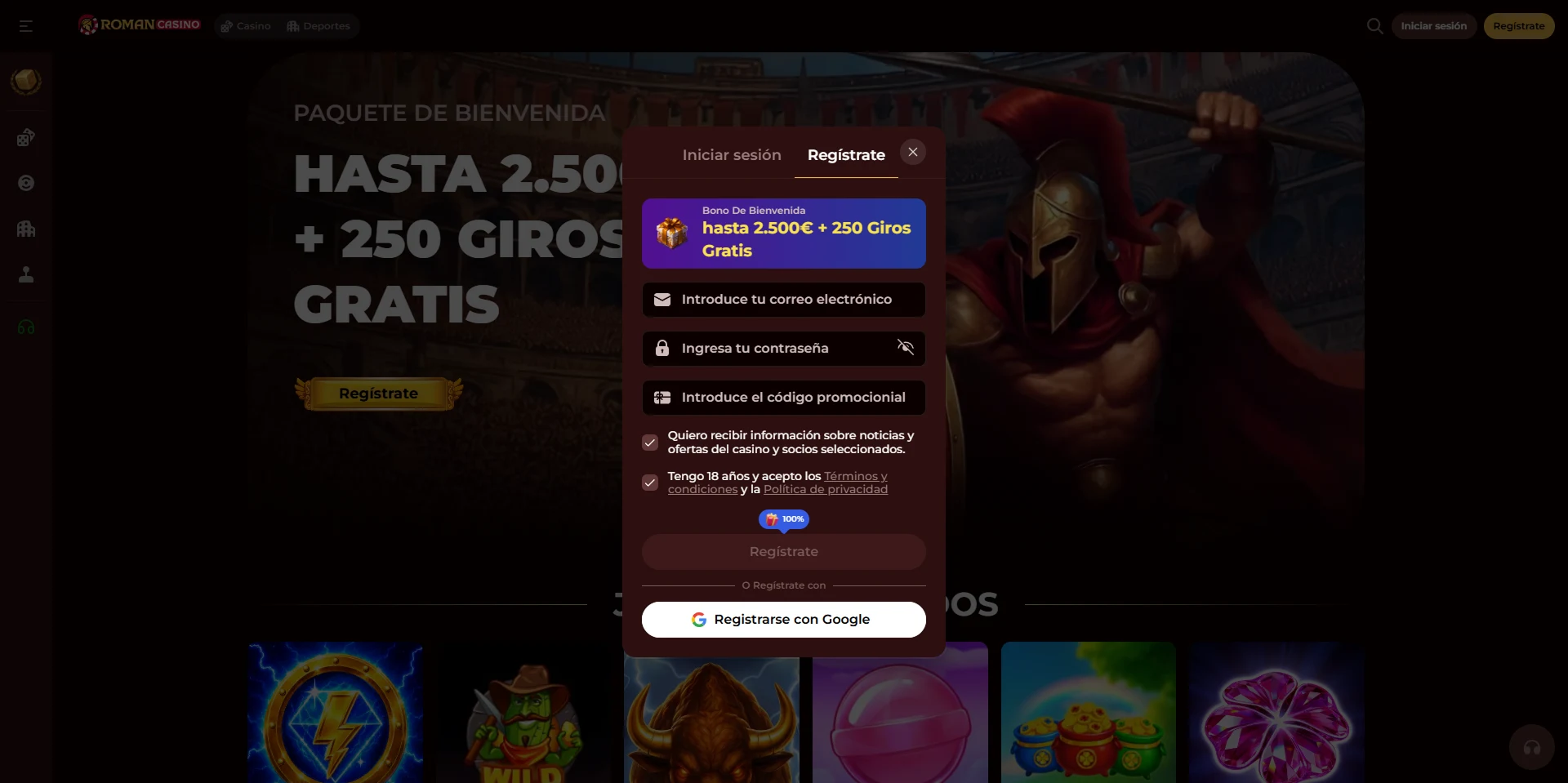 Formulario o modal de registro de RomanCasino accesible desde la versión española