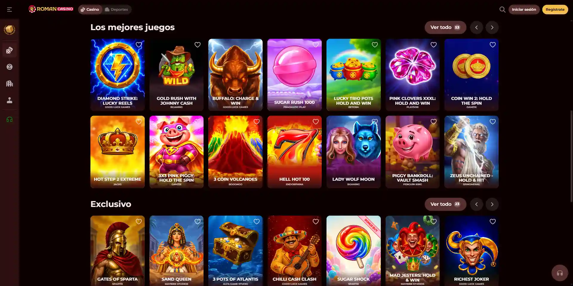 Catálogo real de juegos y proveedores visible en la interfaz oficial española de RomanCasino